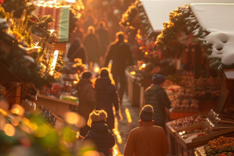 Weihnachtsmarkt mit Sänden und Pubilkum in goldener Nachmittagssonne